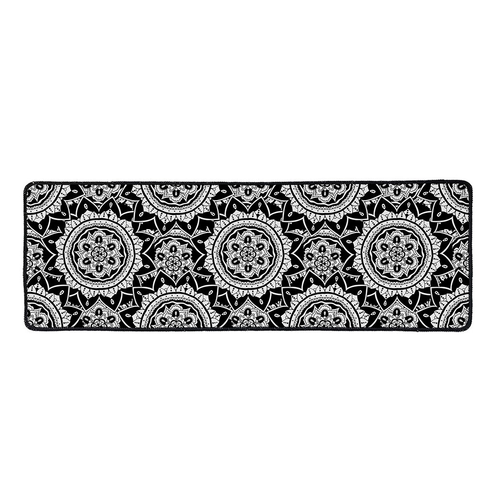 Black And White Boho Mandala Print Long Kitchen Mat
