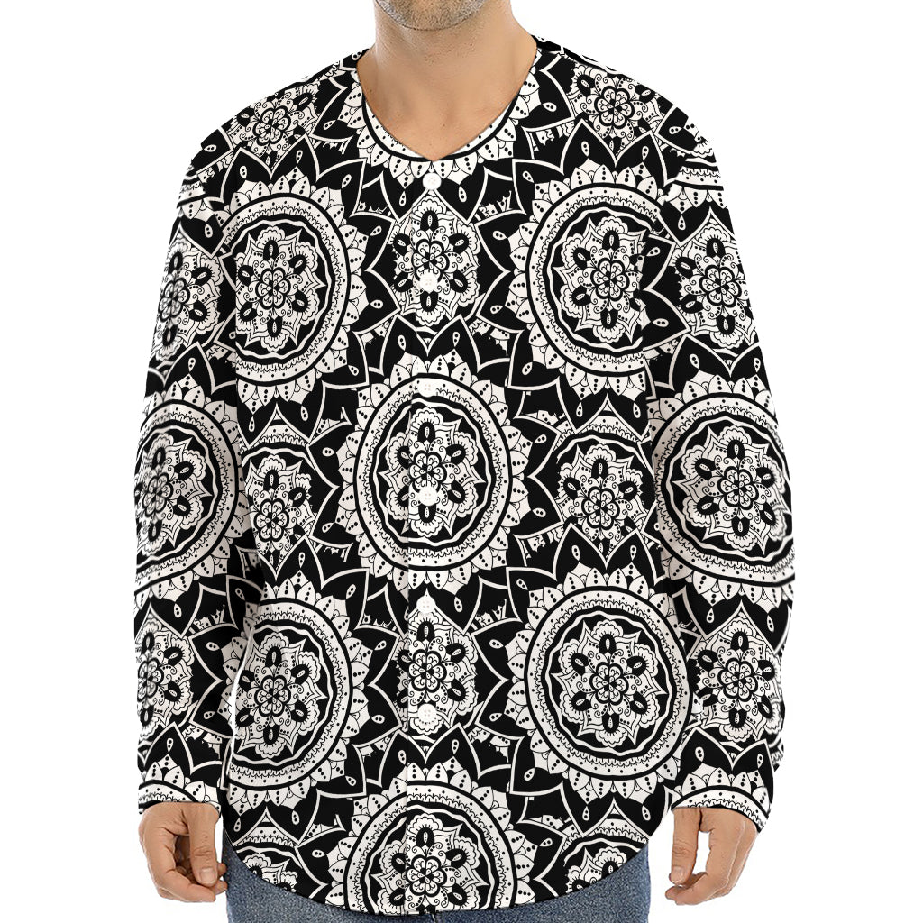 Black And White Boho Mandala Print Long Sleeve Baseball Jersey