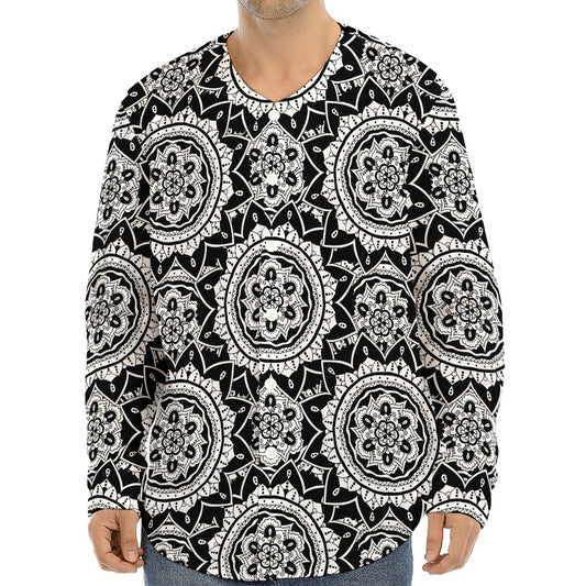 Black And White Boho Mandala Print Long Sleeve Baseball Jersey