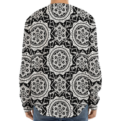 Black And White Boho Mandala Print Long Sleeve Baseball Jersey