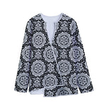 Black And White Boho Mandala Print Long Sleeve Short Coat