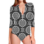 Black And White Boho Mandala Print Long Sleeve Swimsuit