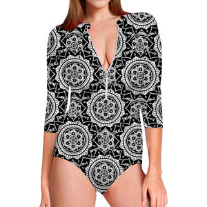 Black And White Boho Mandala Print Long Sleeve Swimsuit