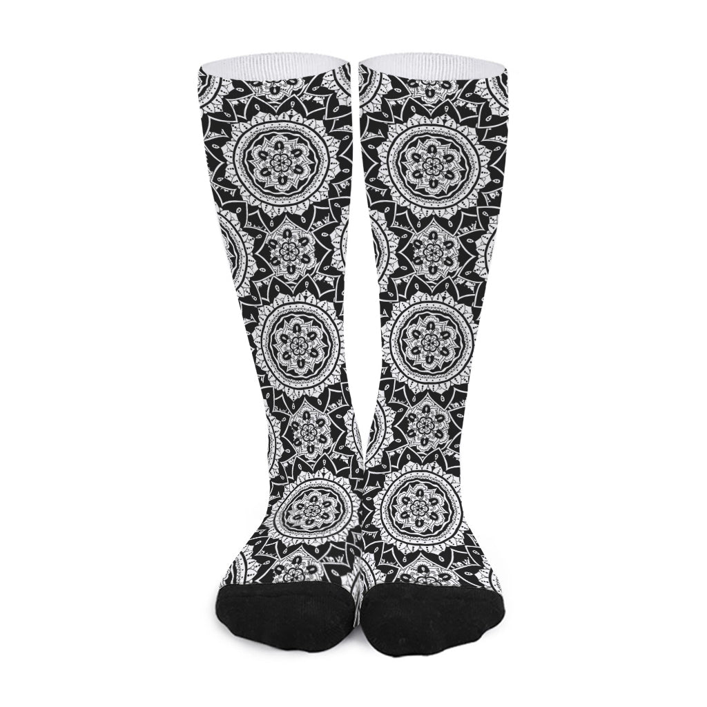 Black And White Boho Mandala Print Long Socks
