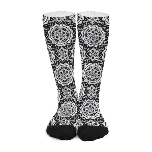 Black And White Boho Mandala Print Long Socks