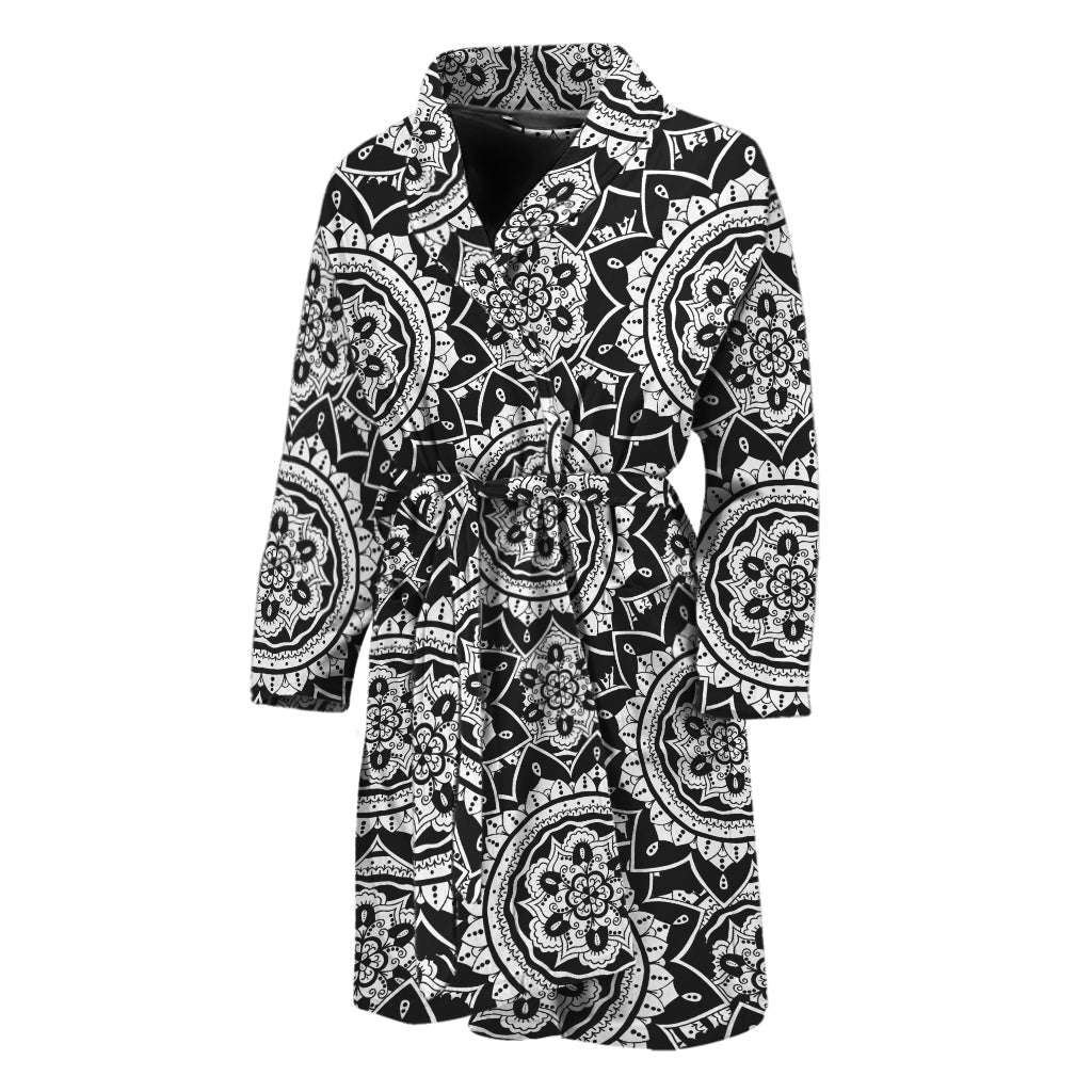 Black And White Boho Mandala Print Men's Bathrobe