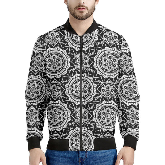 Black And White Boho Mandala Print Men's Bomber Jacket