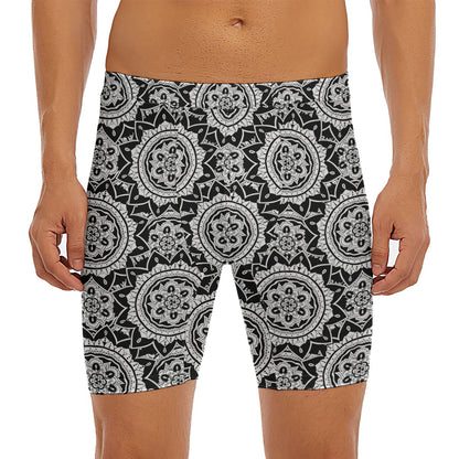 Black And White Boho Mandala Print Men's Long Boxer Briefs