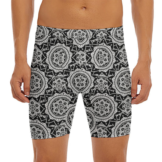 Black And White Boho Mandala Print Men's Long Boxer Briefs