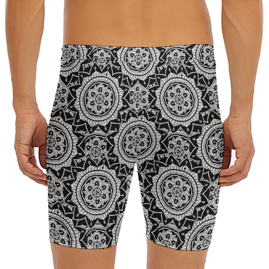 Black And White Boho Mandala Print Men's Long Boxer Briefs