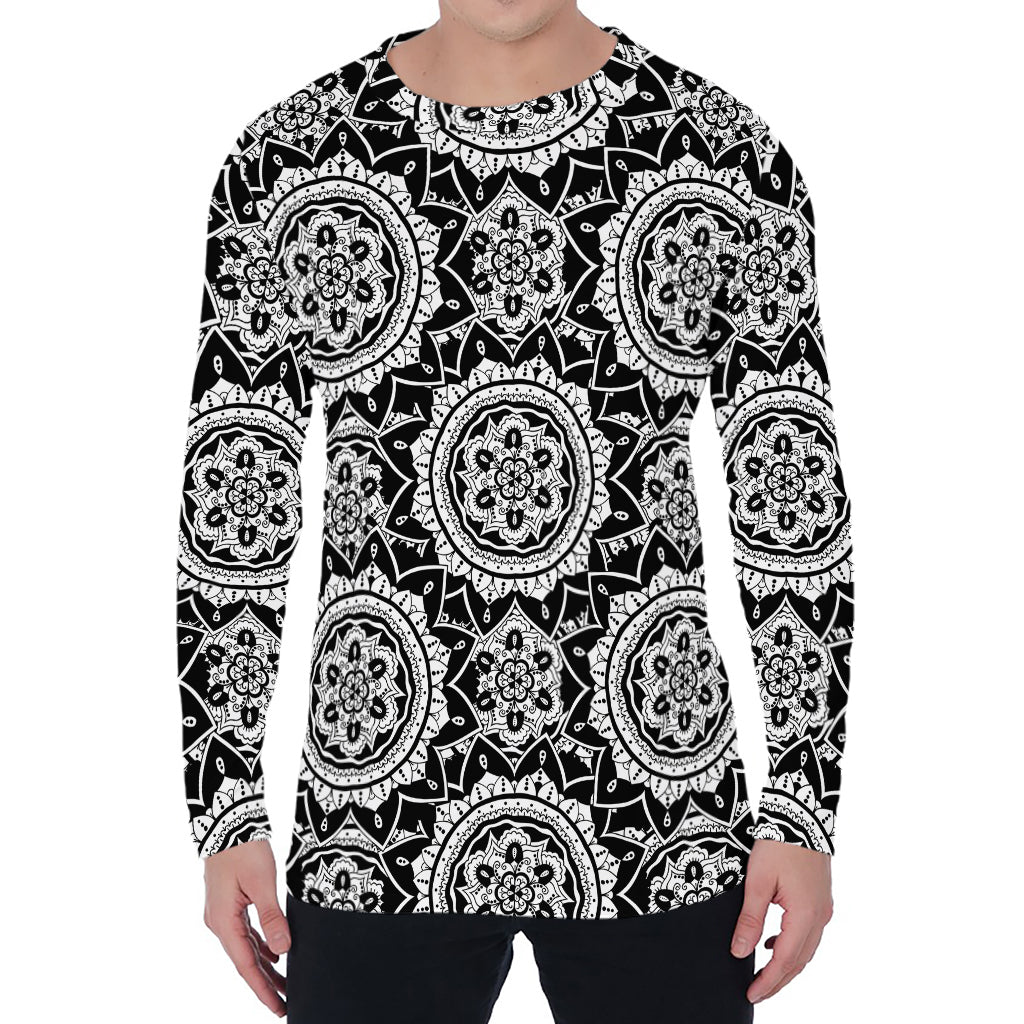 Black And White Boho Mandala Print Men's Long Sleeve T-Shirt