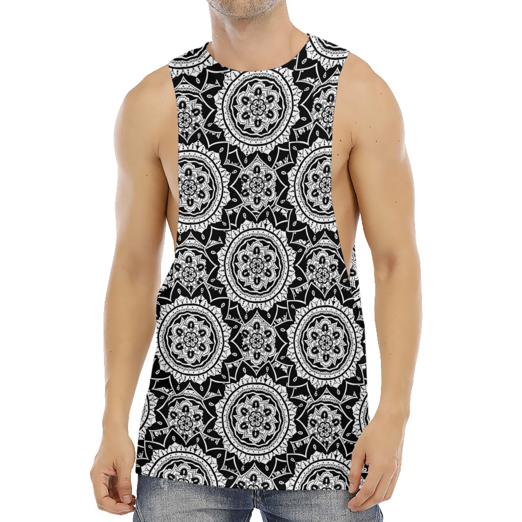 Black And White Boho Mandala Print Men's Muscle Tank Top
