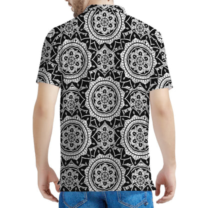 Black And White Boho Mandala Print Men's Polo Shirt