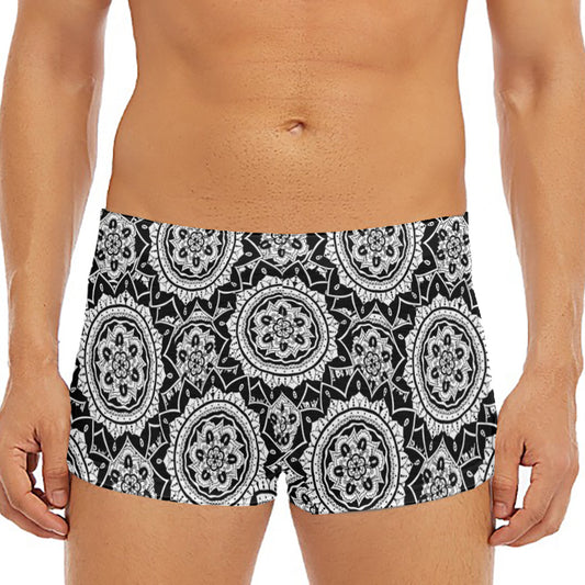 Black And White Boho Mandala Print Men's Short Boxer Briefs