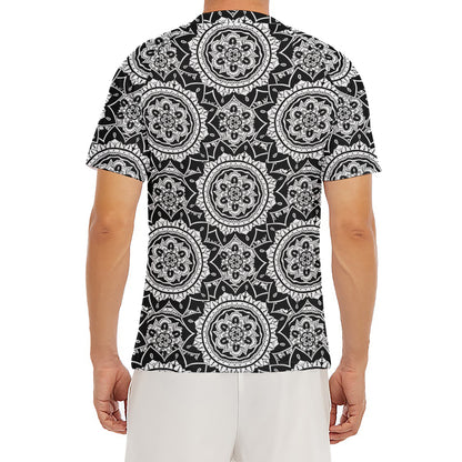 Black And White Boho Mandala Print Men's Short Sleeve Rash Guard