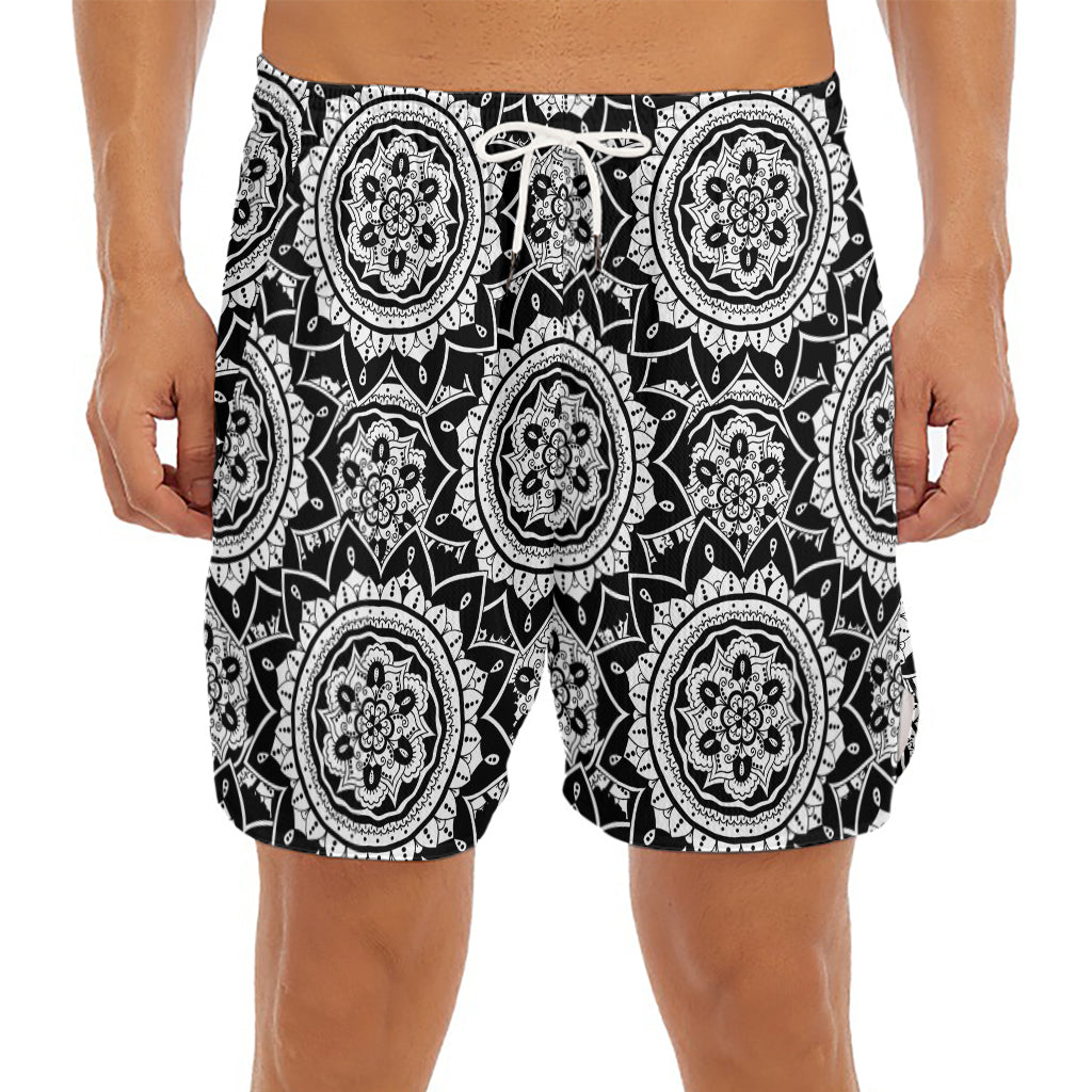 Black And White Boho Mandala Print Men's Split Running Shorts
