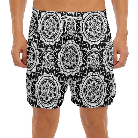 Black And White Boho Mandala Print Men's Split Running Shorts