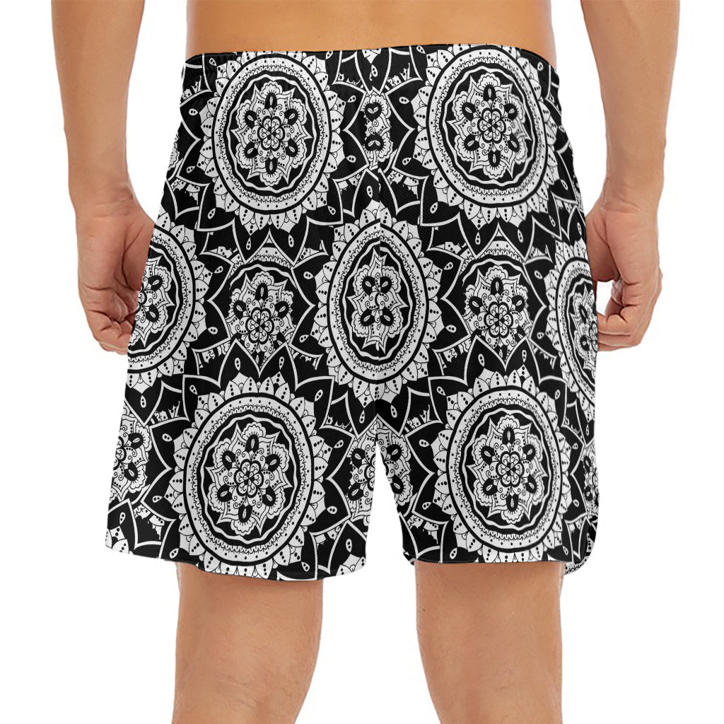 Black And White Boho Mandala Print Men's Split Running Shorts