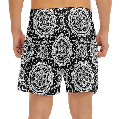 Black And White Boho Mandala Print Men's Split Running Shorts