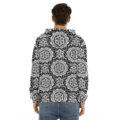 Black And White Boho Mandala Print Men's Velvet Pullover Hoodie