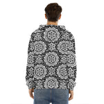 Black And White Boho Mandala Print Men's Velvet Pullover Hoodie