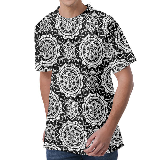 Black And White Boho Mandala Print Men's Velvet T-Shirt