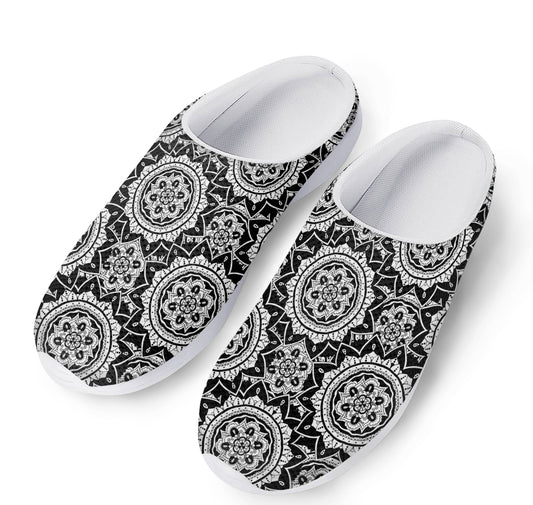 Black And White Boho Mandala Print Mesh Casual Shoes