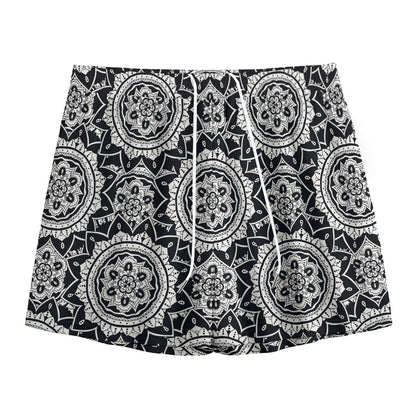 Black And White Boho Mandala Print Mesh Shorts