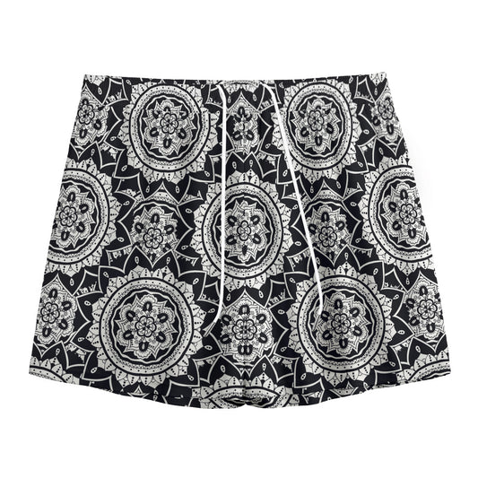 Black And White Boho Mandala Print Mesh Shorts
