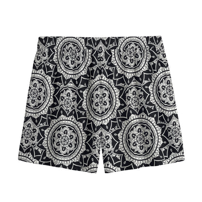 Black And White Boho Mandala Print Mesh Shorts