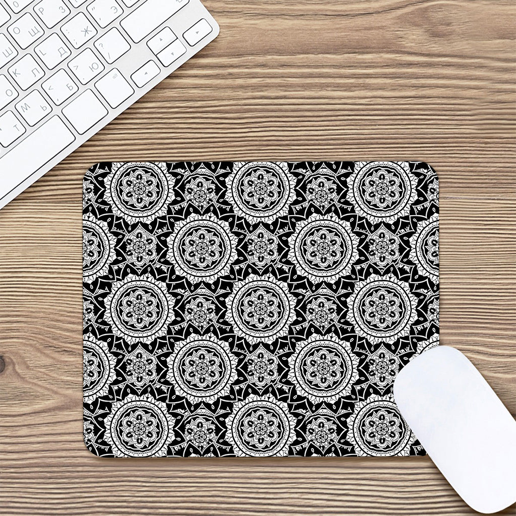 Black And White Boho Mandala Print Mouse Pad