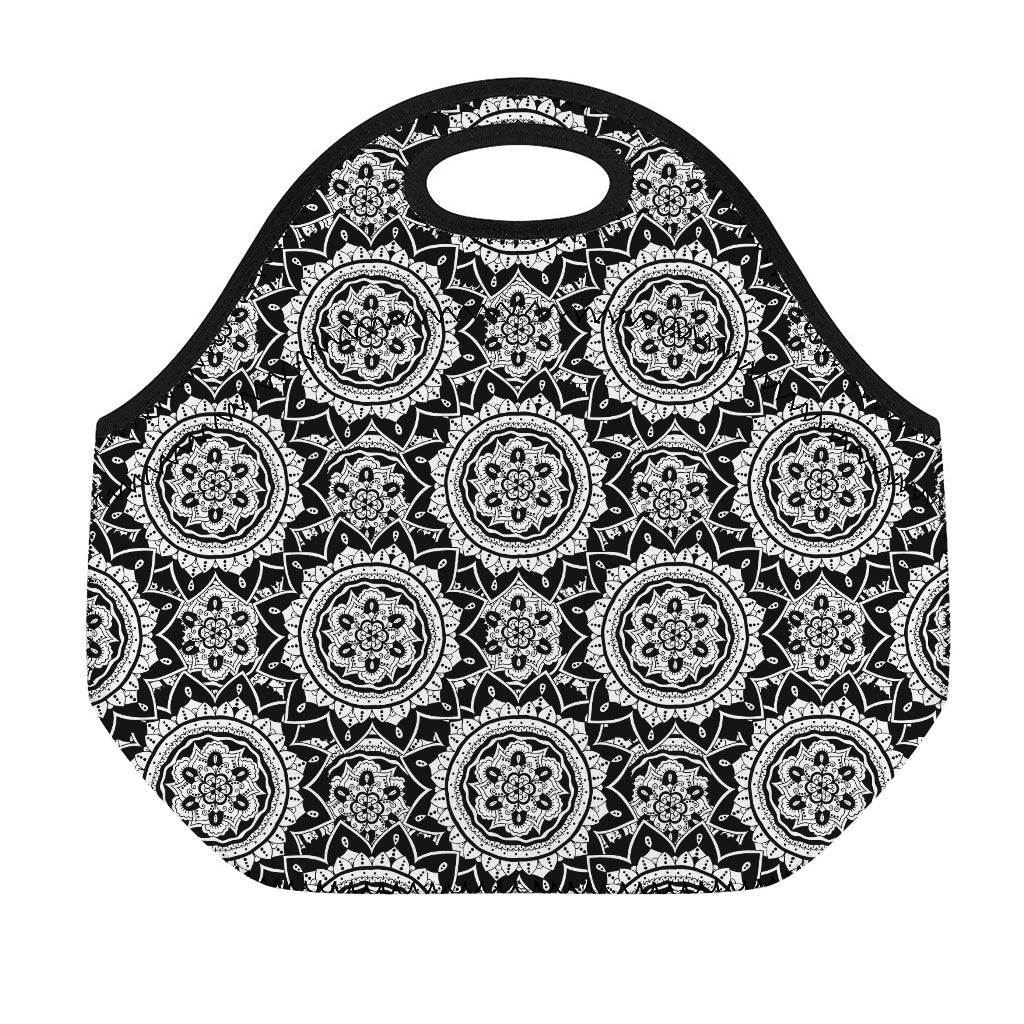 Black And White Boho Mandala Print Neoprene Lunch Bag