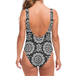 Black And White Boho Mandala Print One Piece Swimsuit