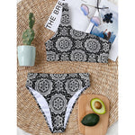 Black And White Boho Mandala Print One Shoulder Bikini Top