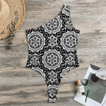 Black And White Boho Mandala Print One Shoulder Bodysuit