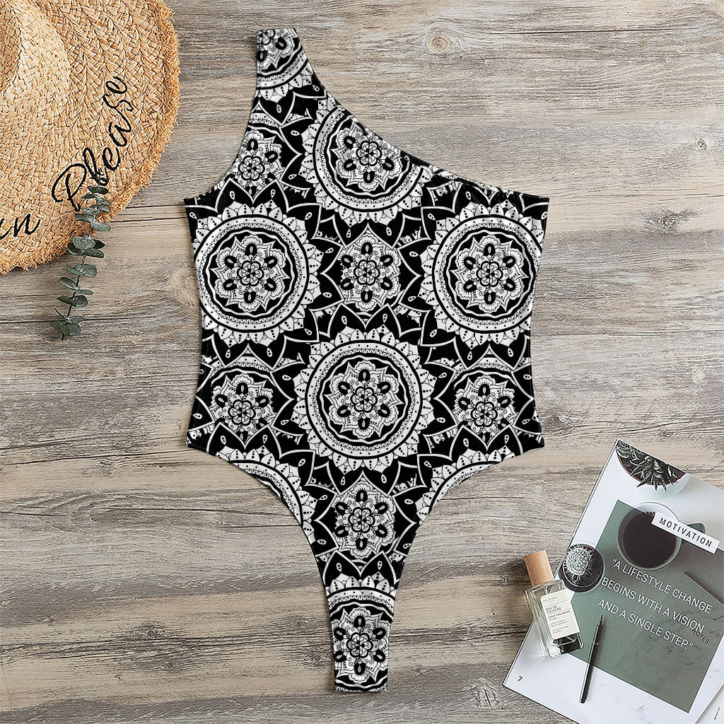 Black And White Boho Mandala Print One Shoulder Bodysuit