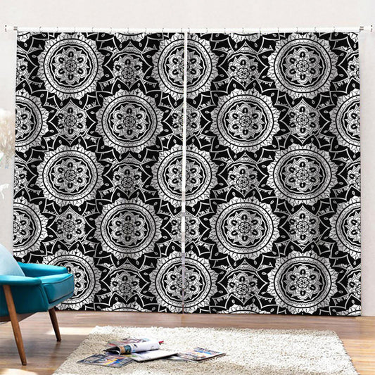 Black And White Boho Mandala Print Pencil Pleat Curtains