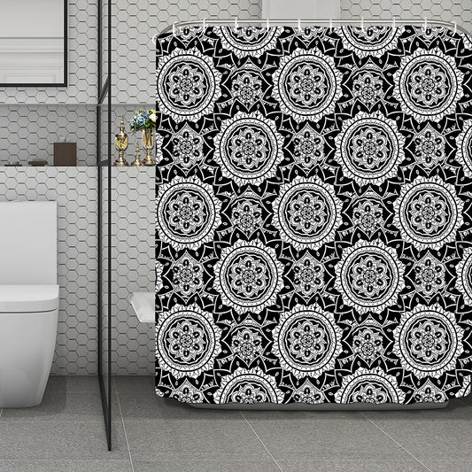 Black And White Boho Mandala Print Polyester Shower Curtain