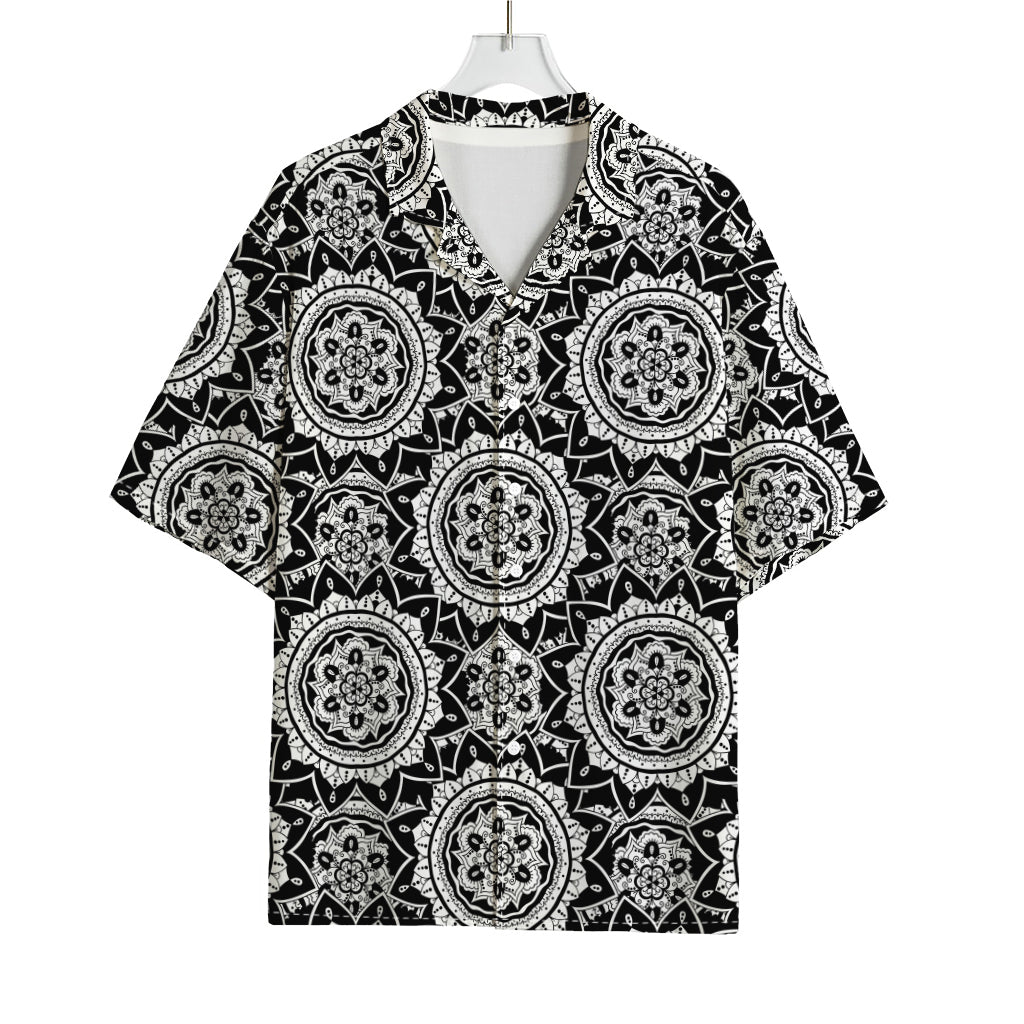 Black And White Boho Mandala Print Rayon Hawaiian Shirt