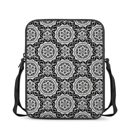 Black And White Boho Mandala Print Rectangular Crossbody Bag