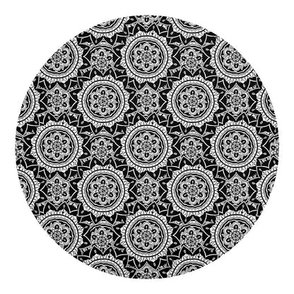 Black And White Boho Mandala Print Round Blanket