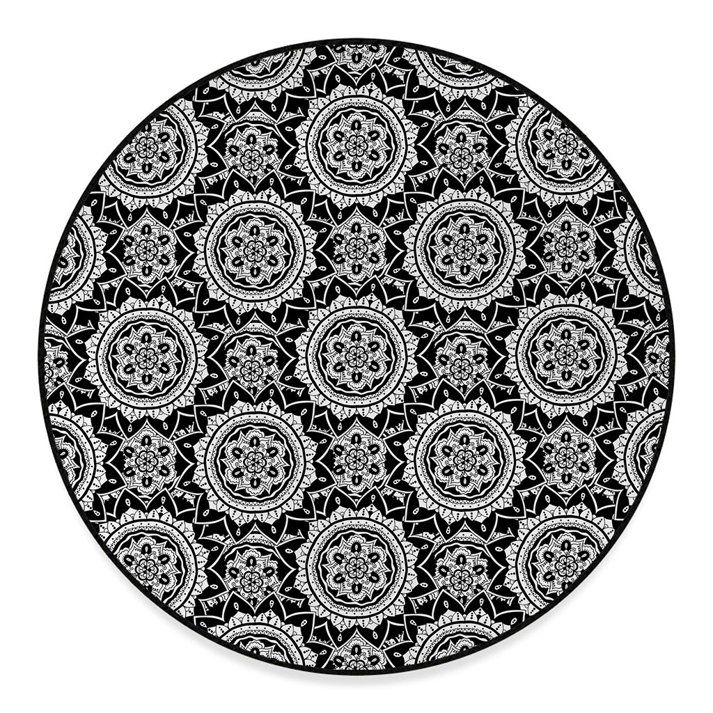 Black And White Boho Mandala Print Round Floor Mat
