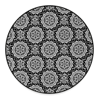 Black And White Boho Mandala Print Round Floor Mat