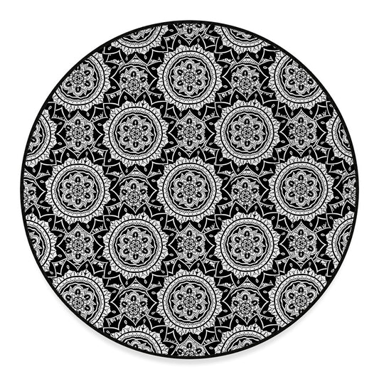 Black And White Boho Mandala Print Round Floor Mat
