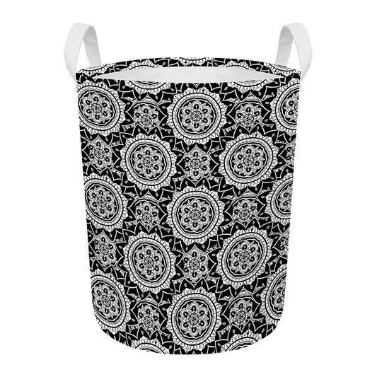 Black And White Boho Mandala Print Round Laundry Basket