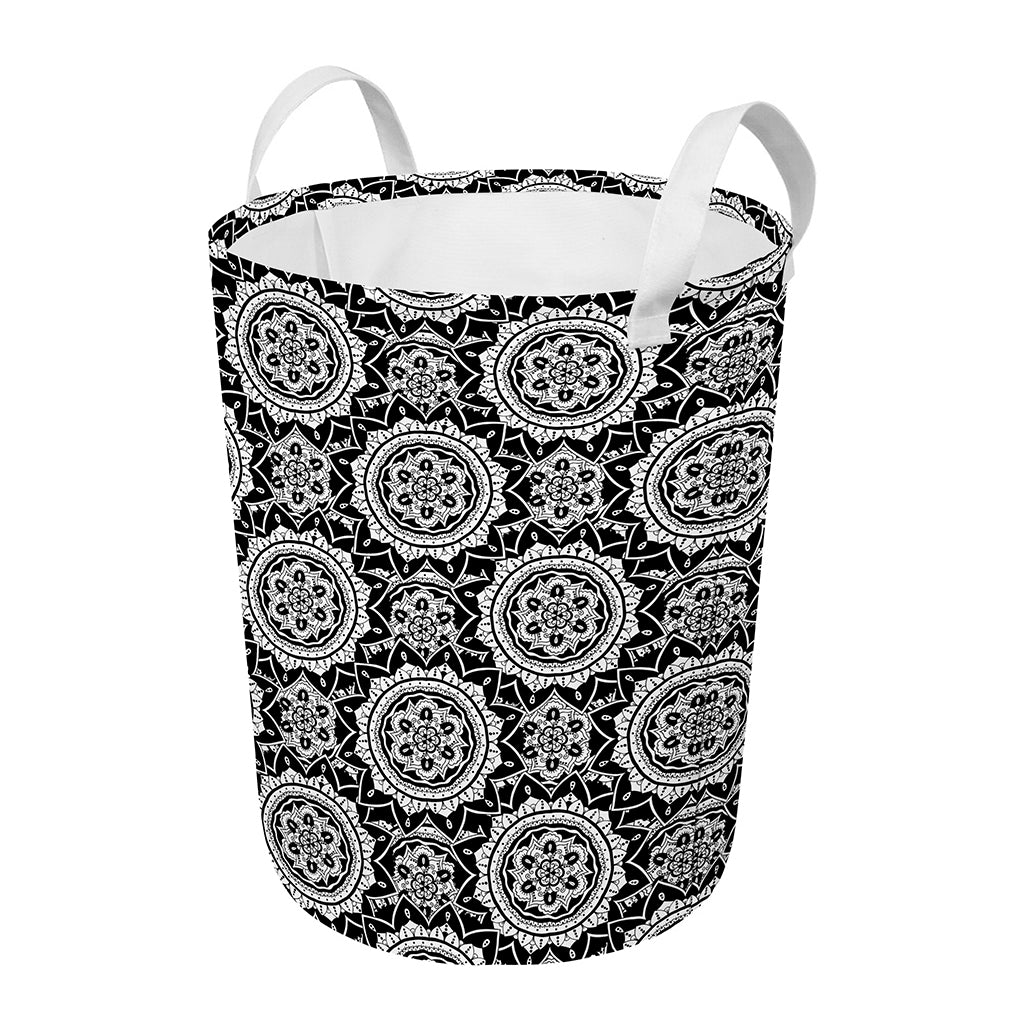 Black And White Boho Mandala Print Round Laundry Basket