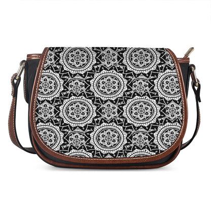 Black And White Boho Mandala Print Saddle Bag