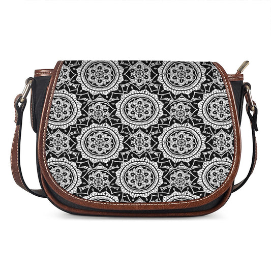 Black And White Boho Mandala Print Saddle Bag