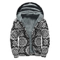 Black And White Boho Mandala Print Sherpa Lined Zip Up Hoodie