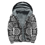 Black And White Boho Mandala Print Sherpa Lined Zip Up Hoodie